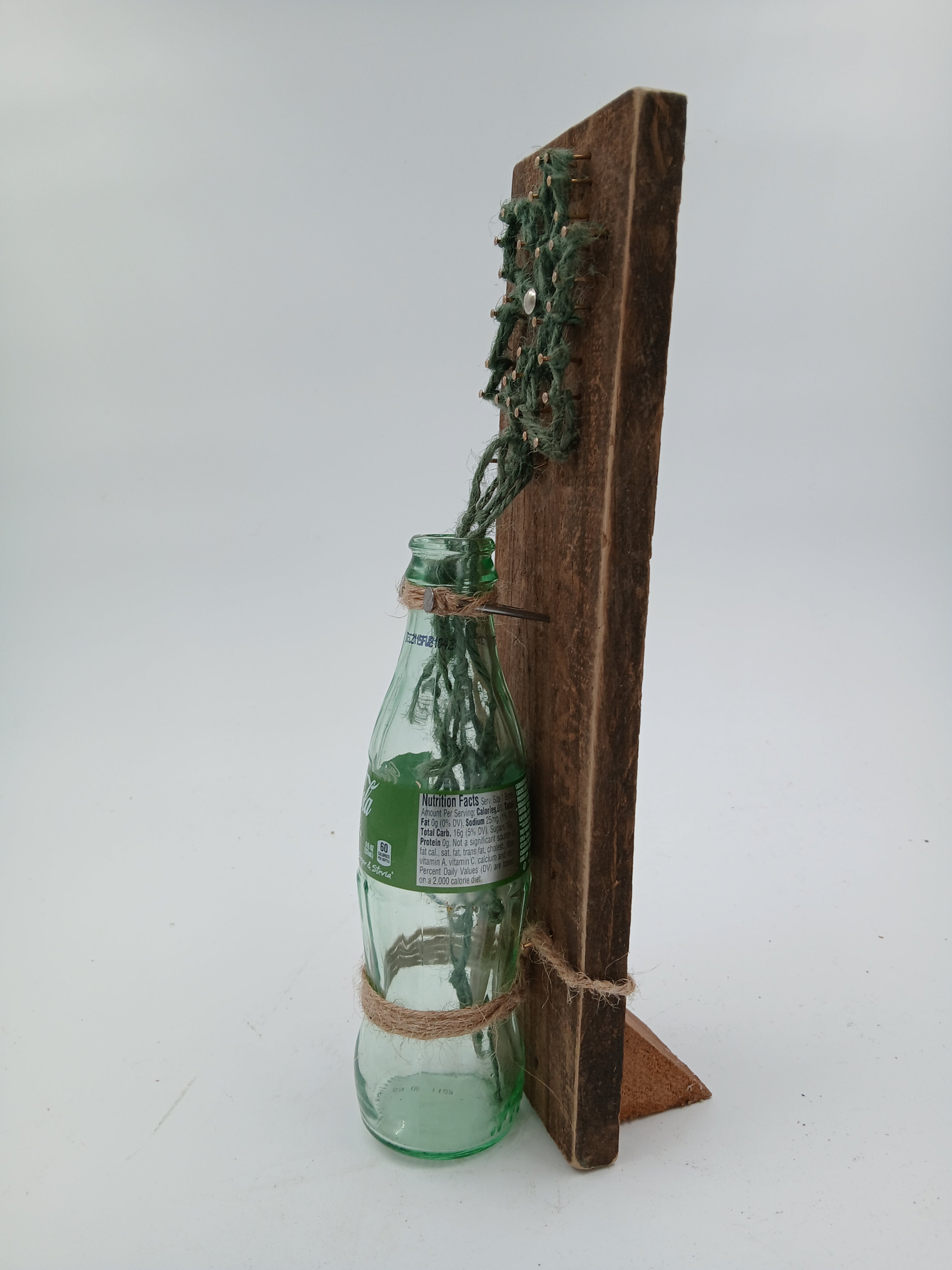 12" x 3.5" String Art Glass Coke a Cola Green Life Bottle w/ Flower Small Nails String Gardening Vintage Garden Collection Hand Made Gifts Mothers Grandmothers Aunts Sisters