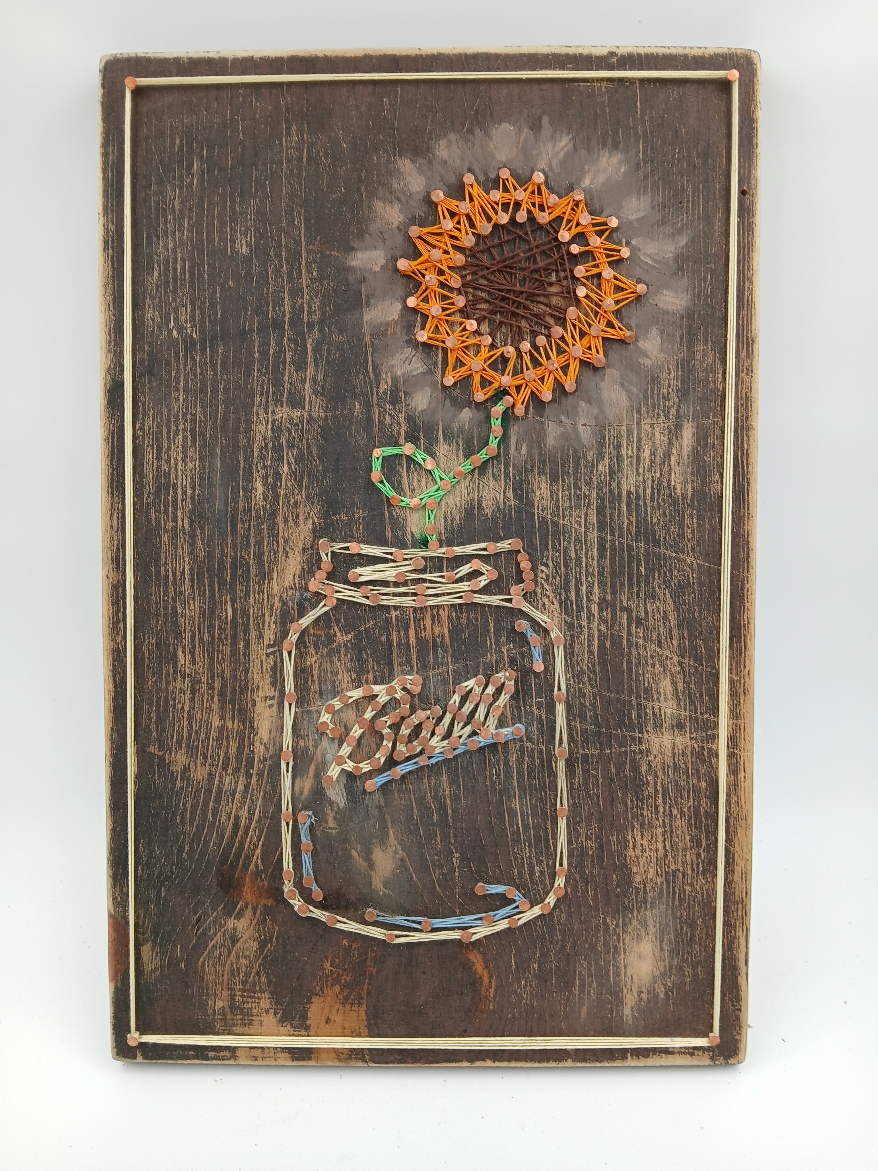18" x 11" String Art Ball Jar w/ Sunflower Small Brass Nails orange String Gardening Vintage Garden Collection Hand Made Gifts Mothers Grandmother's Aunts Sisters