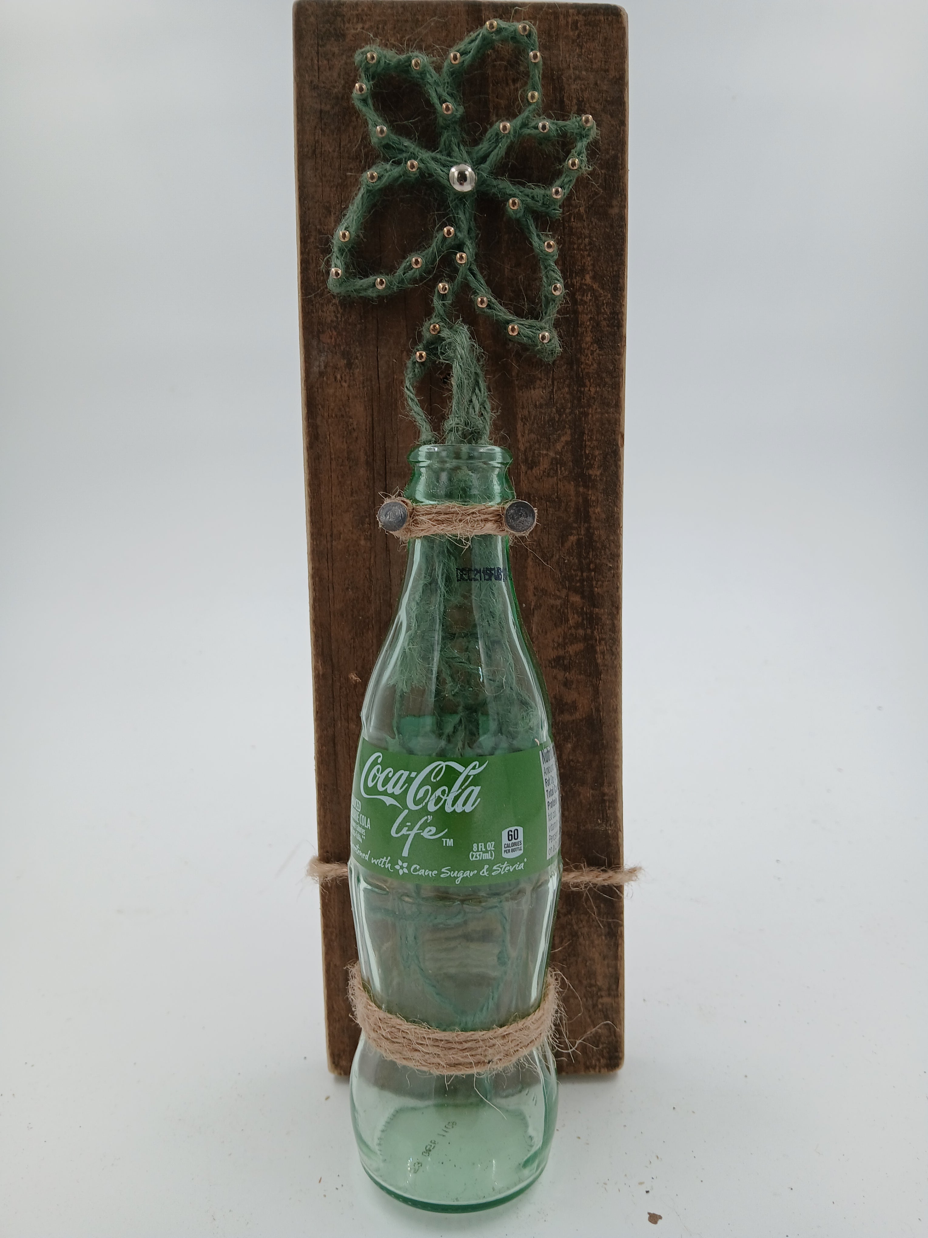 12" x 3.5" String Art Glass Coke a Cola Green Life Bottle w/ Flower Small Nails String Gardening Vintage Garden Collection Hand Made Gifts Mothers Grandmothers Aunts Sisters