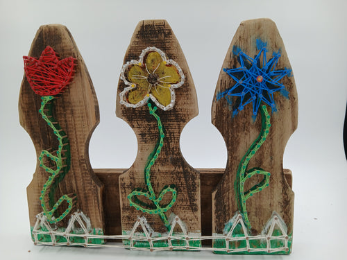 12" x 10" String Art Vintage Fence Post Red White Blue Yellow Flowers White Fence Nails String Gardening Vintage Garden Collection Hand Made Gifts Mothers Grandmothers Aunts Sisters