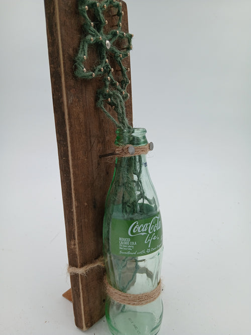 12" x 3.5" String Art Glass Coke a Cola Green Life Bottle w/ Flower Small Nails String Gardening Vintage Garden Collection Hand Made Gifts Mothers Grandmothers Aunts Sisters