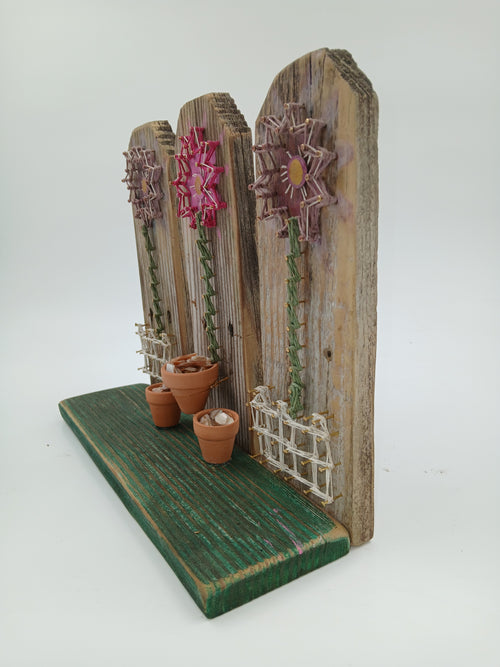 12" x 10" String Art Vintage Fence Post Pink Purple Flowers Small Pots Rocks Nails String Gardening Vintage Garden Collection Hand Made Gifts Mothers Grandmothers Aunts Sisters
