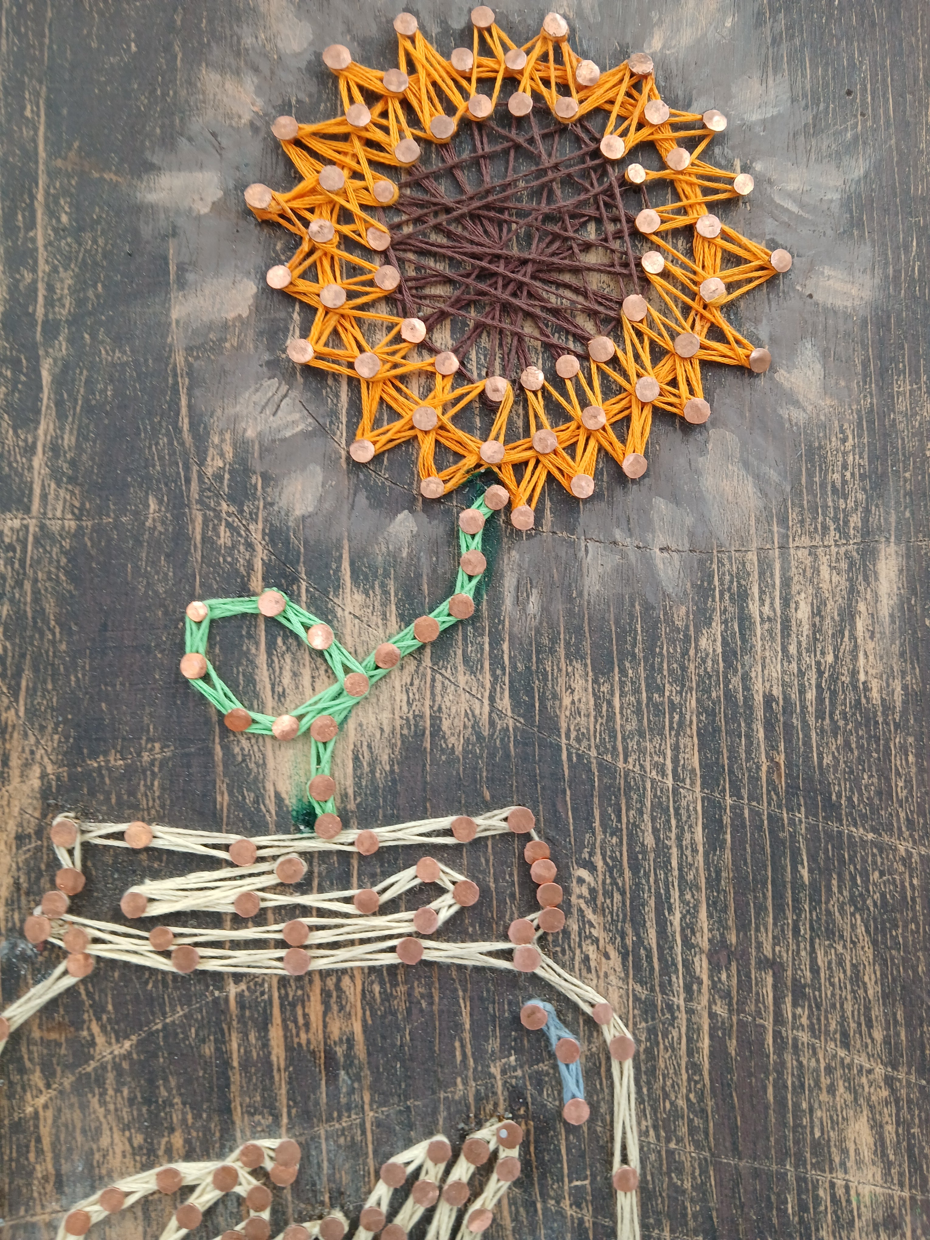 18" x 11" String Art Ball Jar w/ Sunflower Small Brass Nails orange String Gardening Vintage Garden Collection Hand Made Gifts Mothers Grandmother's Aunts Sisters