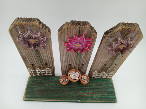 12" x 10" String Art Vintage Fence Post Pink Purple Flowers Small Pots Rocks Nails String Gardening Vintage Garden Collection Hand Made Gifts Mothers Grandmothers Aunts Sisters
